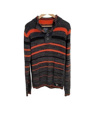 MFM 100% cotton knit sweater black orange stripes long sleeve zipup button small